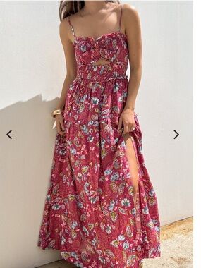 Pink Floral Maxi Dress with Cutout and Side Slit